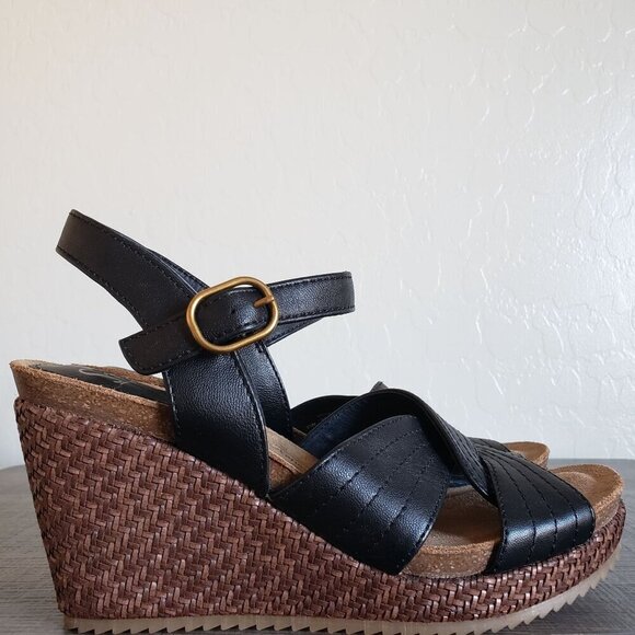 Sofft Clarissa Leather Basketweave Wedge Ankle Strap Sandal Black Sz Women's 9.5 - Picture 1 of 10